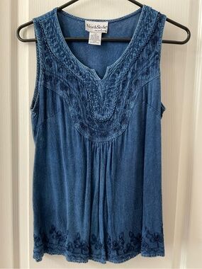 NorthStyle Blue Chambray  Embroidered Smocked Back Sleeveless Top Small